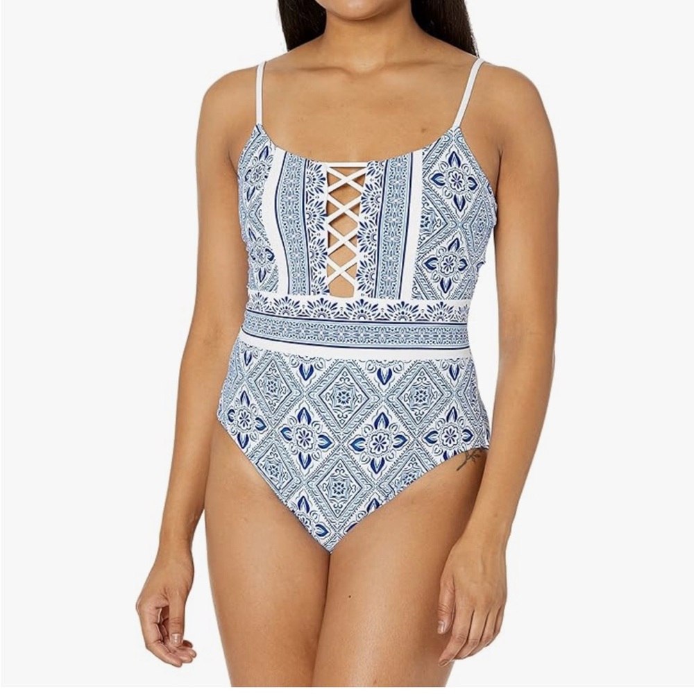 La Blanca Strappy One Piece Swimsuit SZ 10 Capri Blue Mediterranean Breeze - Picture 4 of 16
